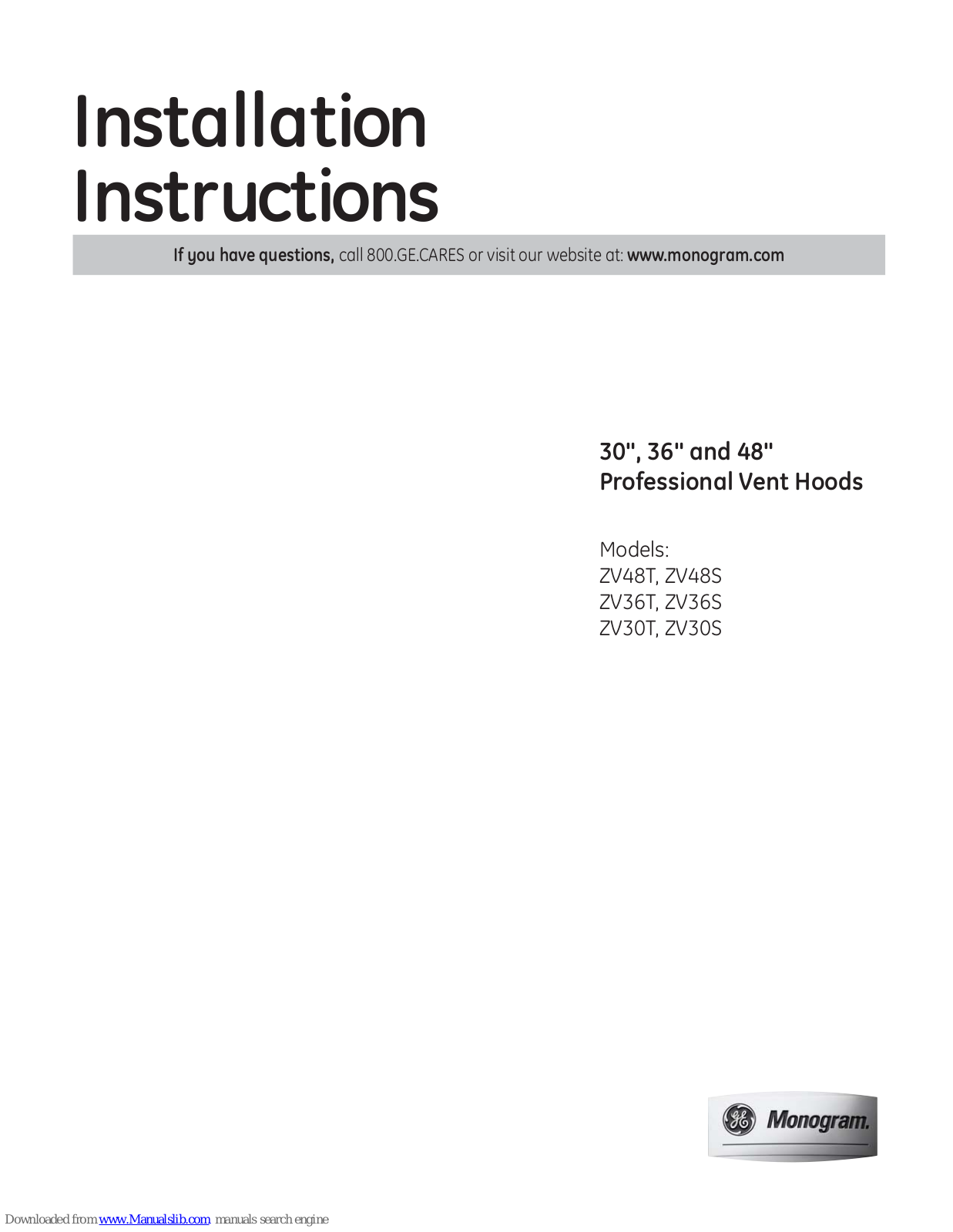 Monogram ZV48S, ZV36T, ZV36S, ZV30T, ZV30S Installation Instructions Manual