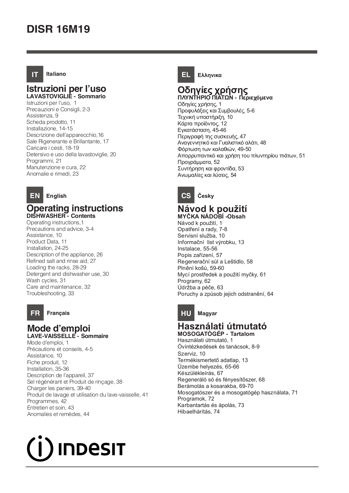 Indesit DISR 16M19 A Operating Instructions