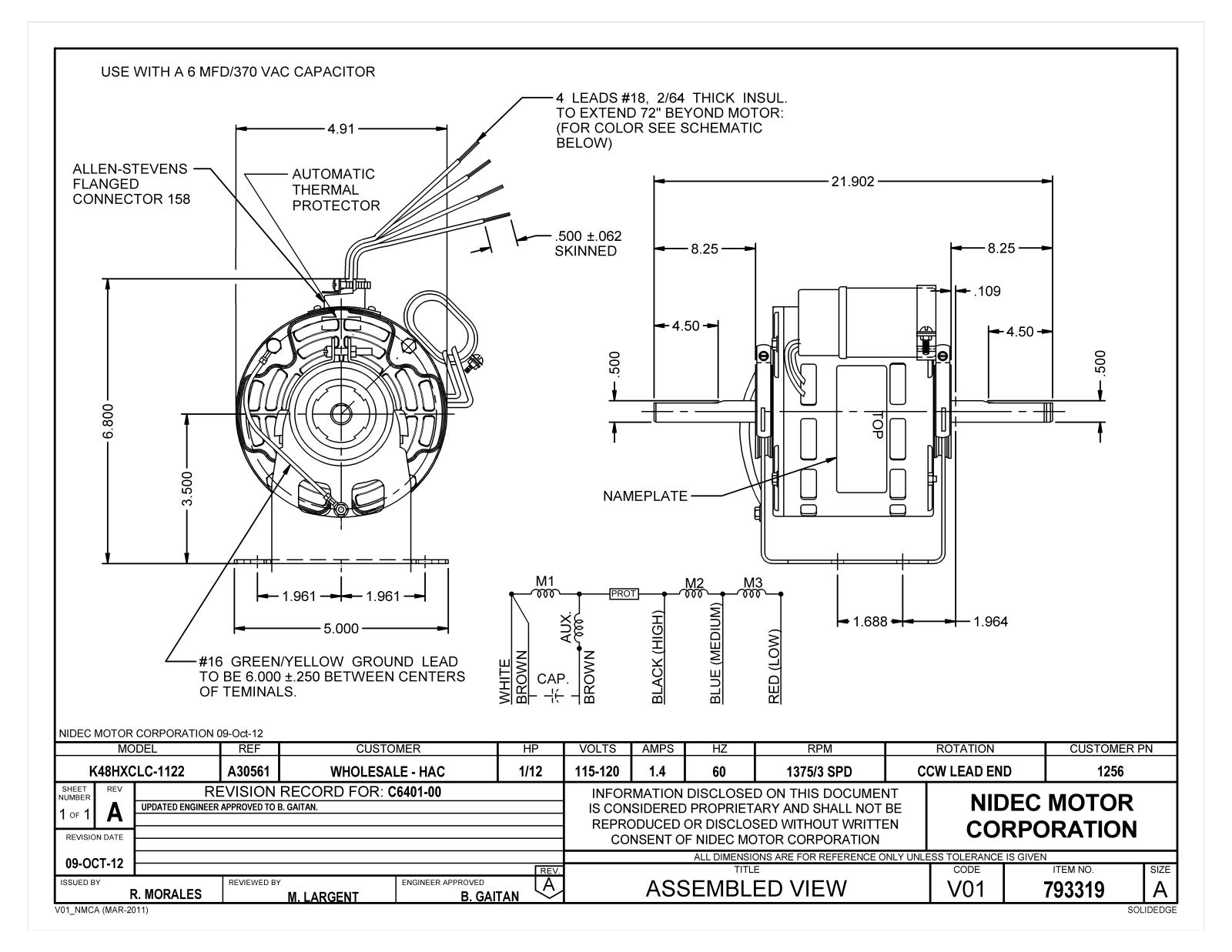 US Motors 1256 Dimensional Sheet