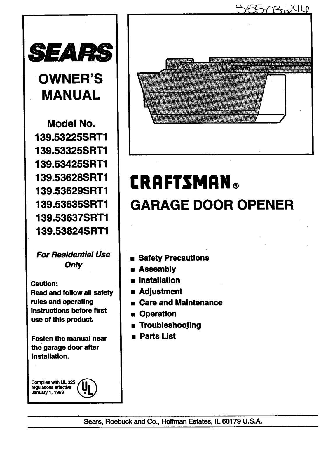 Craftsman 13953425SRT1, 13953225SRT1, 13953325SRT1, 13953629SRT1, 13953637SRT1 Owner’s Manual