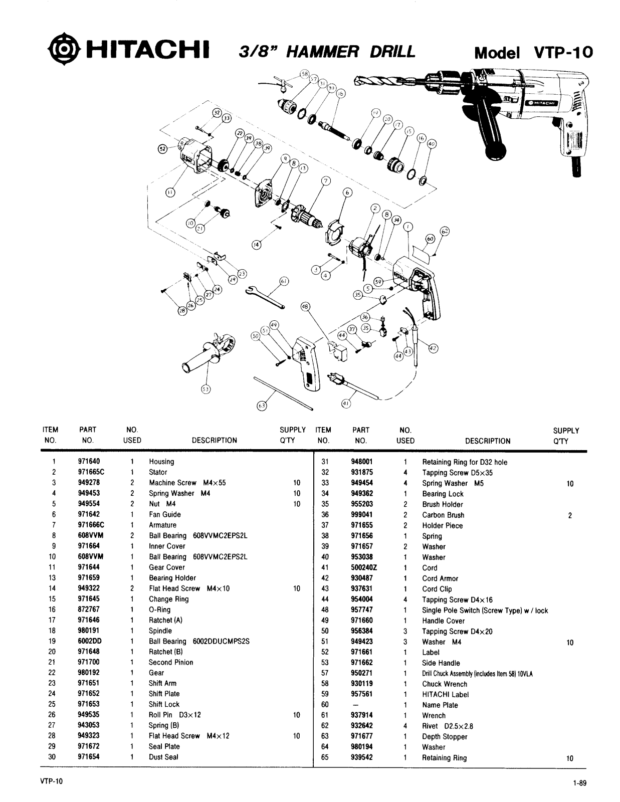 Hitachi VTV10 PARTS LIST