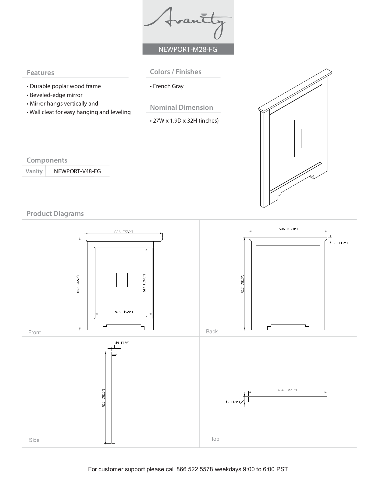 Avanity NEWPORTM28FG Specifications