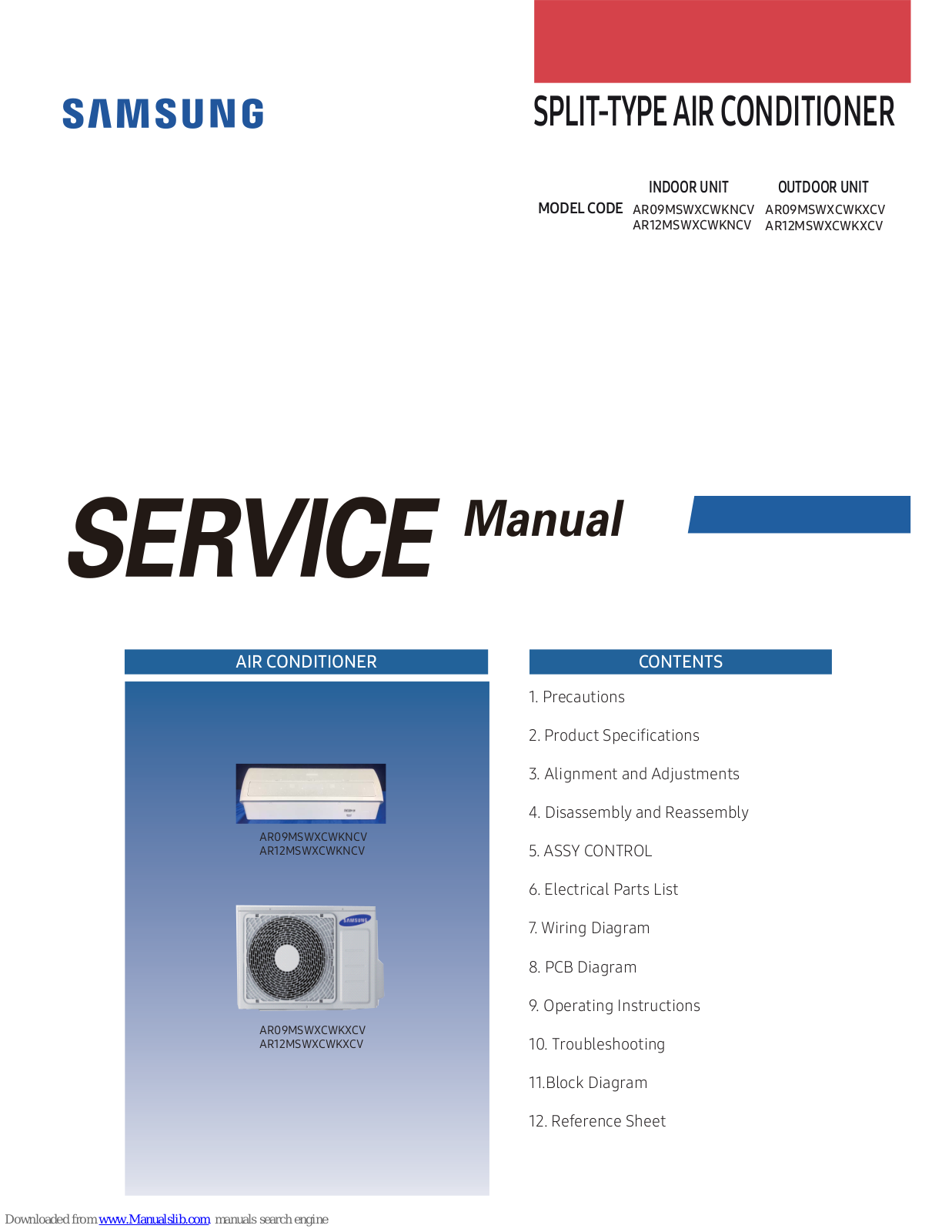 Samsung AR09MSWXCWKNCV, AR12MSWXCWKNCV, AR09MSWXCWKXCV, AR12MSWXCWKXCV Service Manual