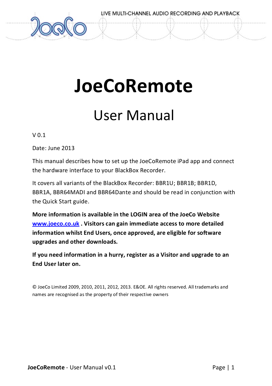 JoeCo BBR1-D Users Guide