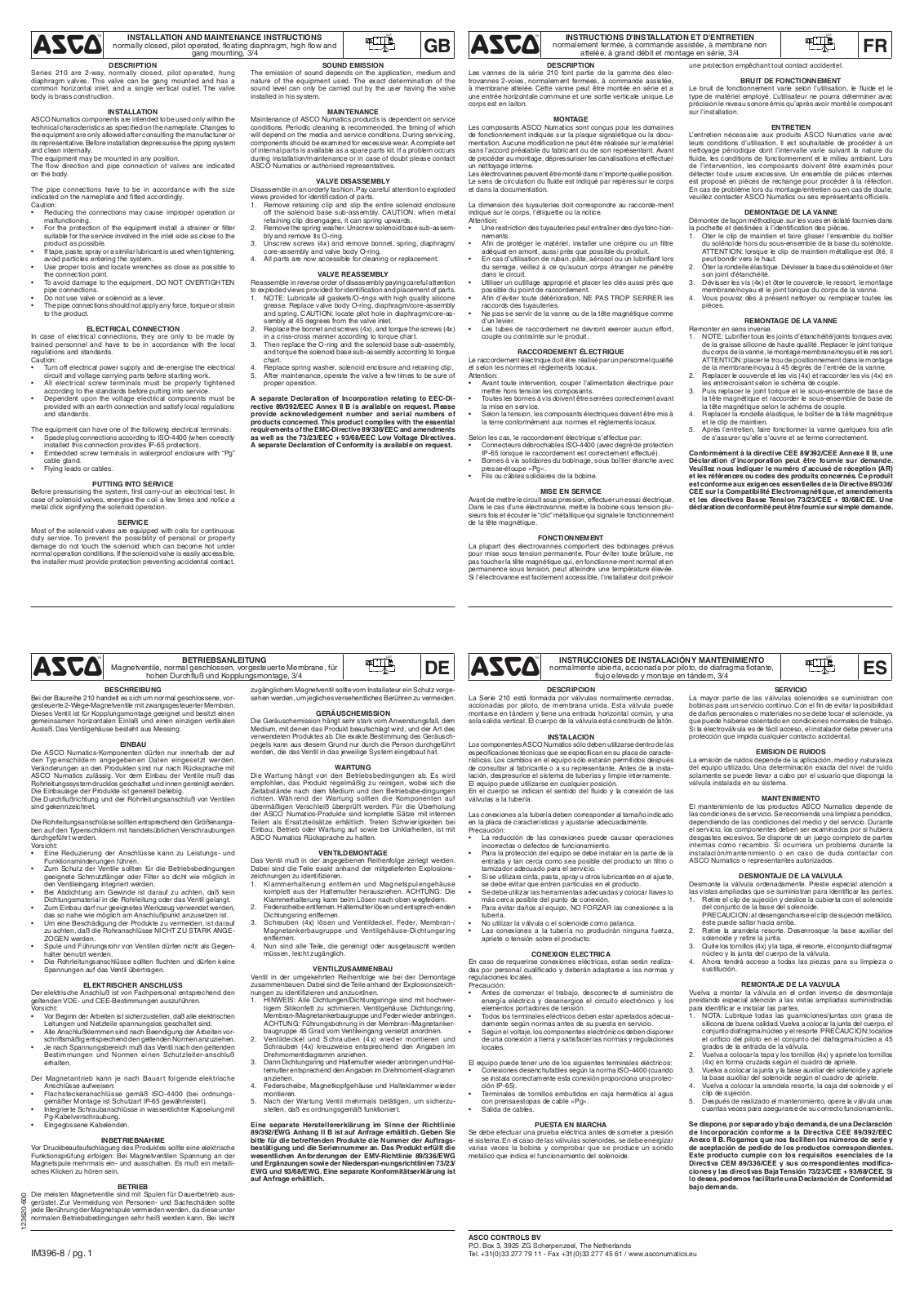 ASCO Series 210 AC DC Hung Diaphragm 3/4 Manuals & Guides