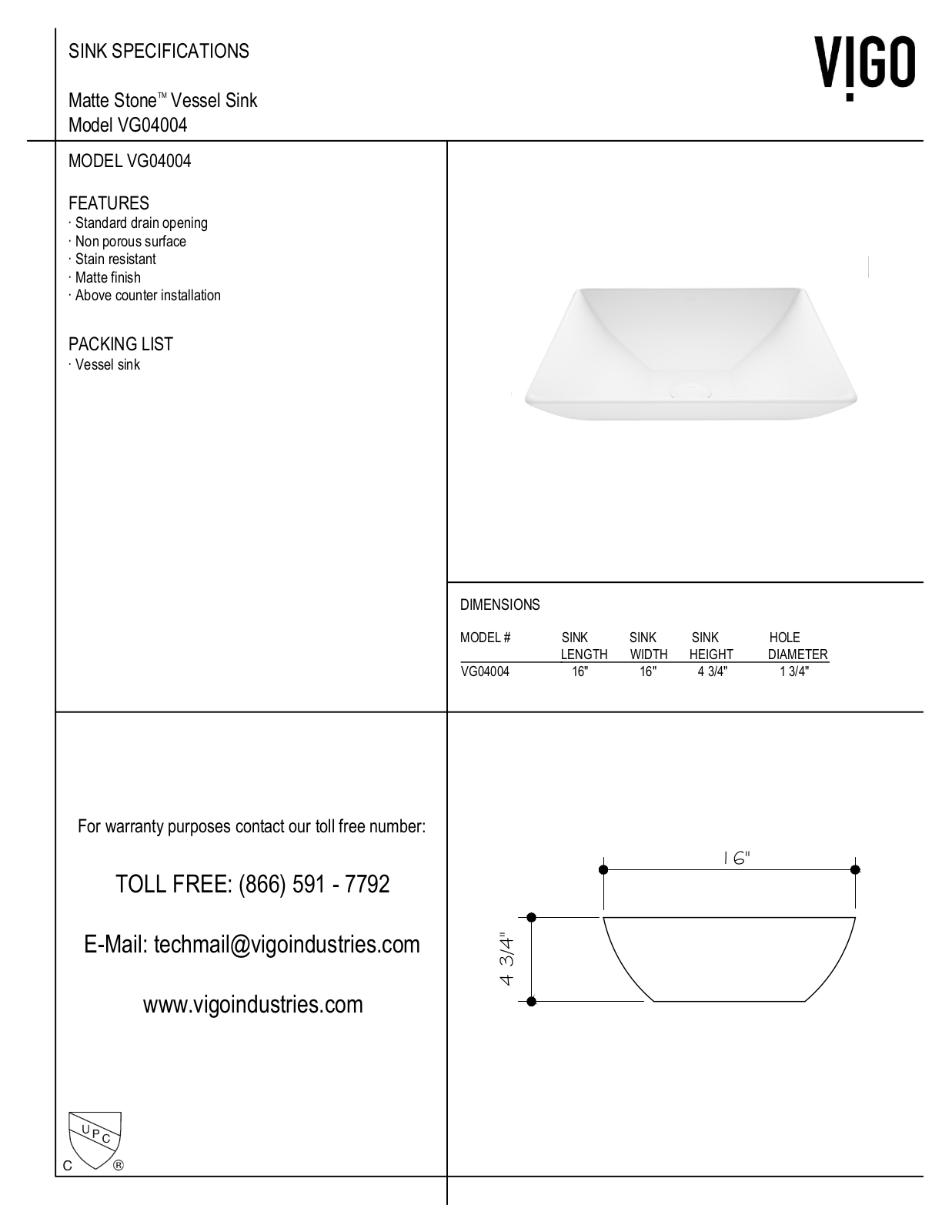 Vigo VGT1087BN, VGT1087MW, VGT1086MW, VGT1086BN Specifications