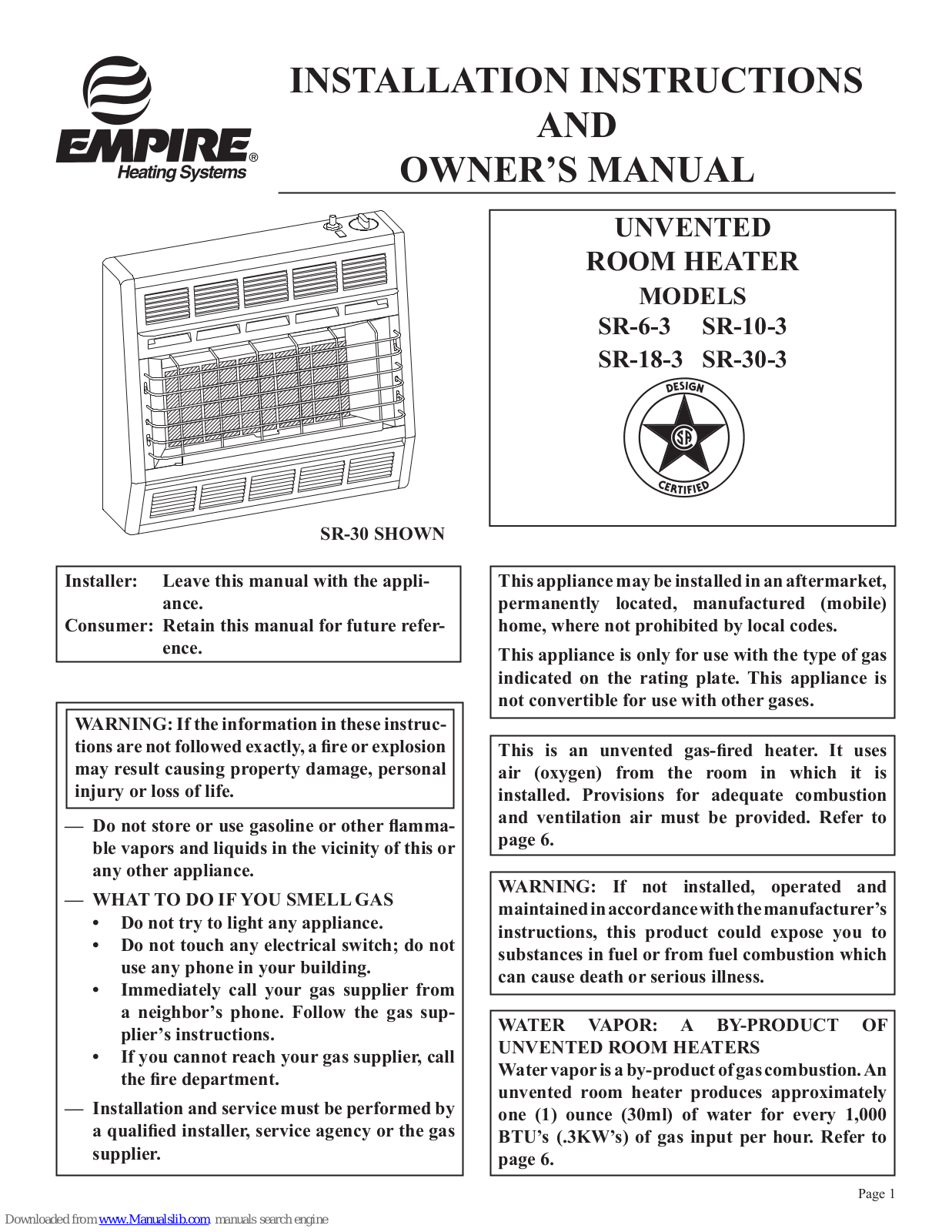 Empire Heating Systems SR-6-3, SR-10-3, SR-18-3, SR-30-3 Installation Instructions And Owner's Manual