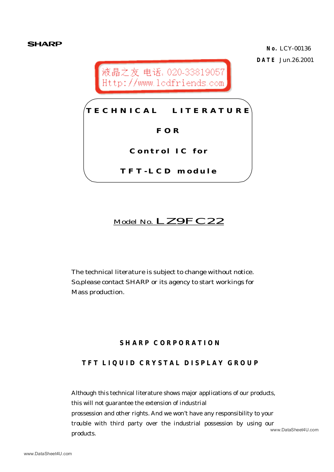 SHARP LZ9FC22 Technical data