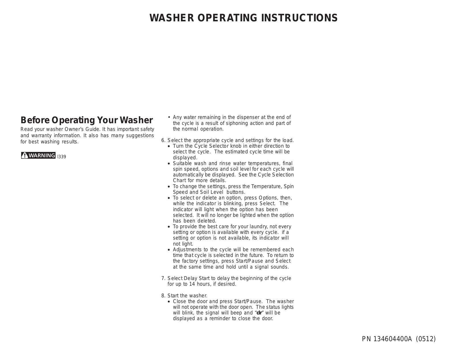 Frigidaire WASHER PN 134604400A (0512) Operating Instructions Manual