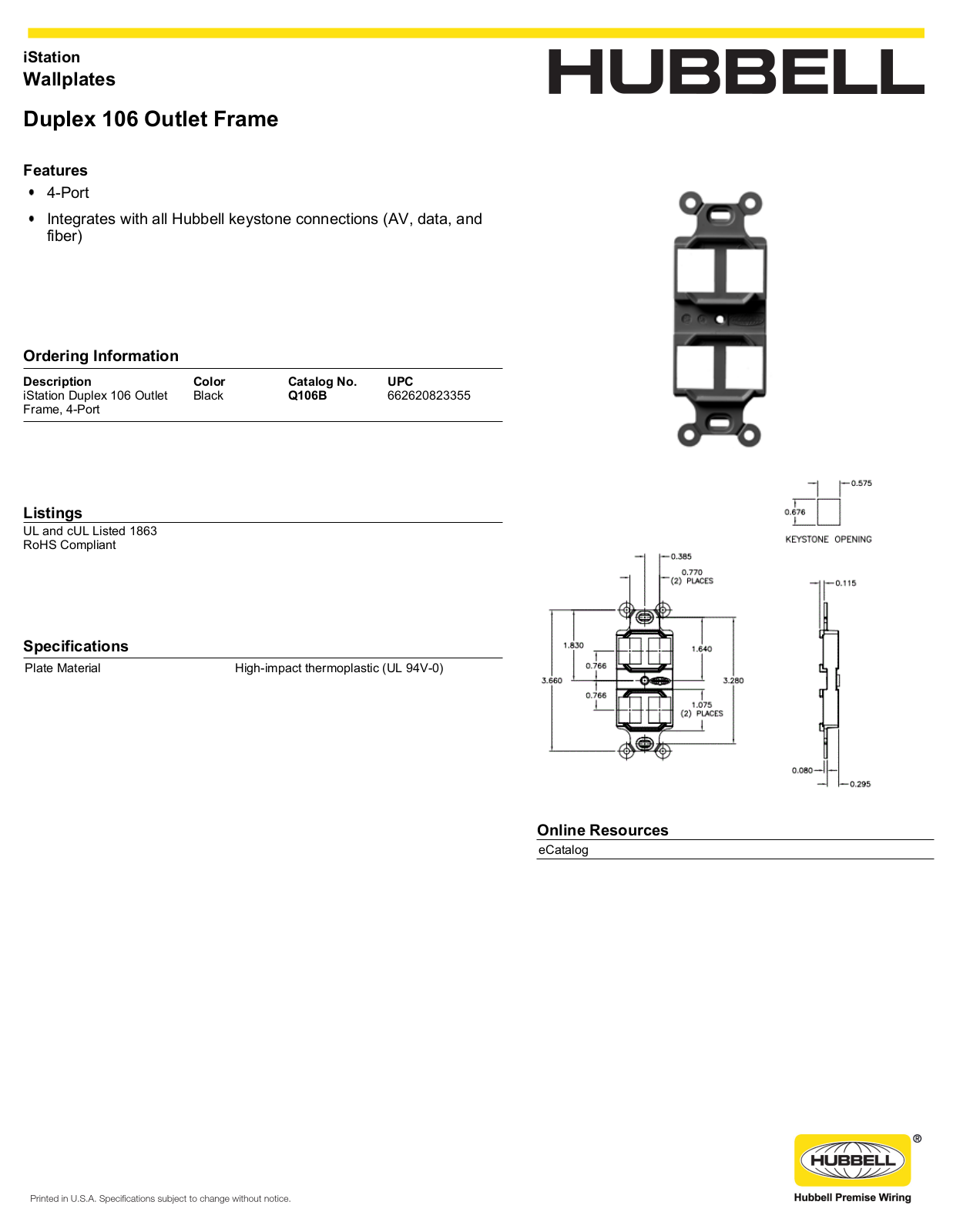 Hubbell Q106B Specifications