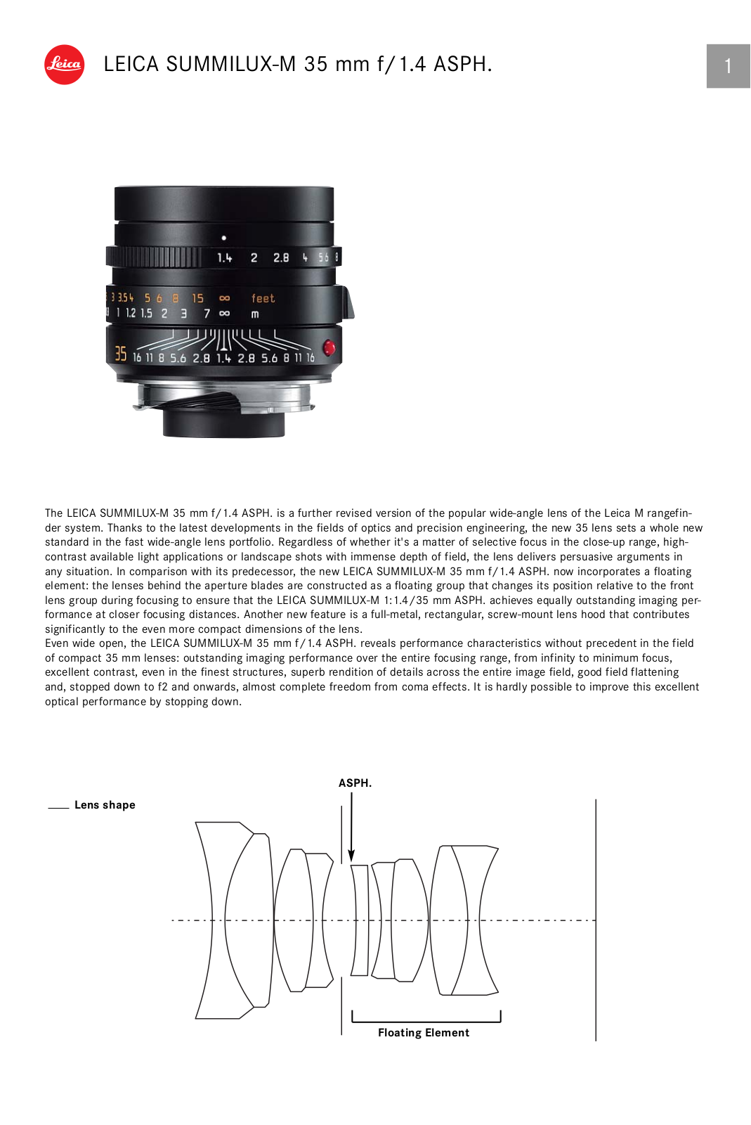 Leica SUMMILUX-M 35 mm f/1.4 ASPH Specification Sheet