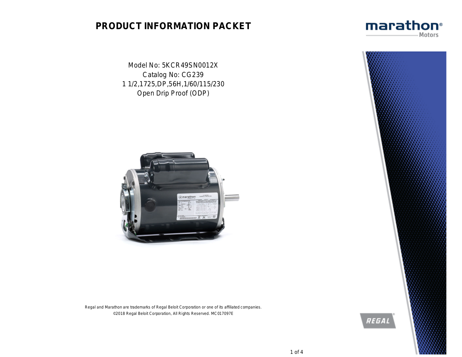 Marathon Electric 5KCR49SN0012X Product Information Packet