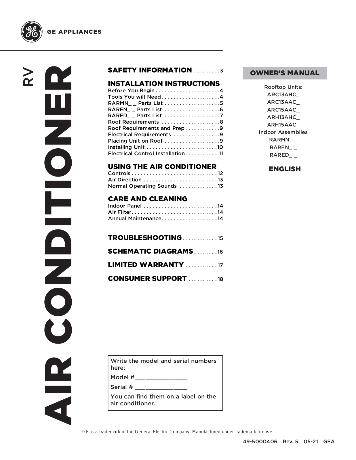 GE ARC13AHC, ARC13AAC, ARC15AAC, ARH13AHC, ARH15AAC Owner’s Manual