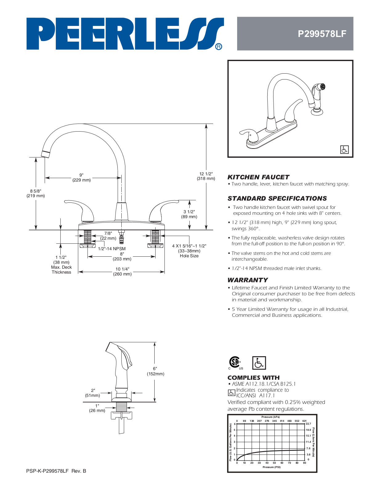 Peerless Faucets PEY1020 Specification Sheet - ManualMachine.com