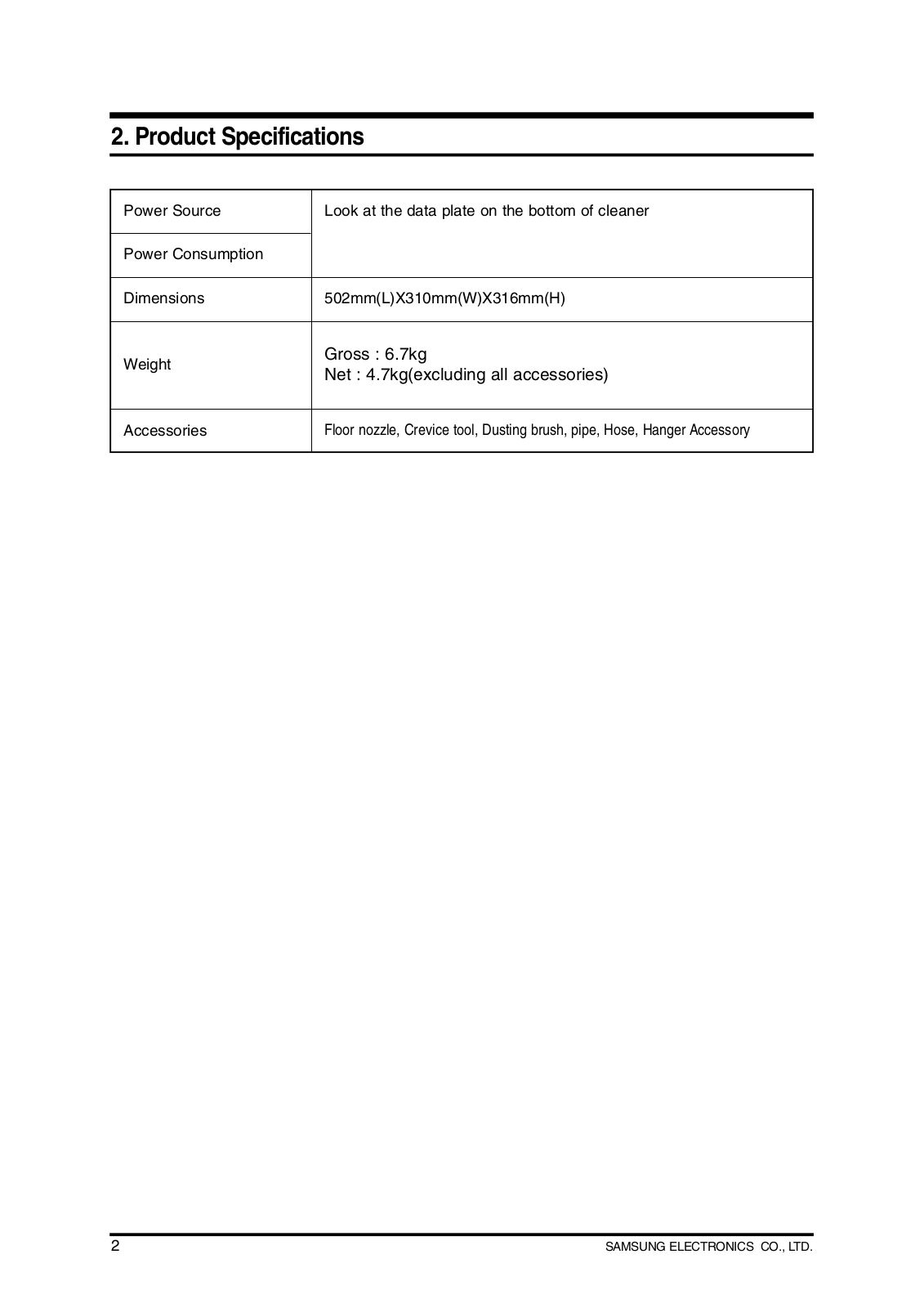 SAMSUNG VC-6015V, VC-6014 Service Manual Product Specification