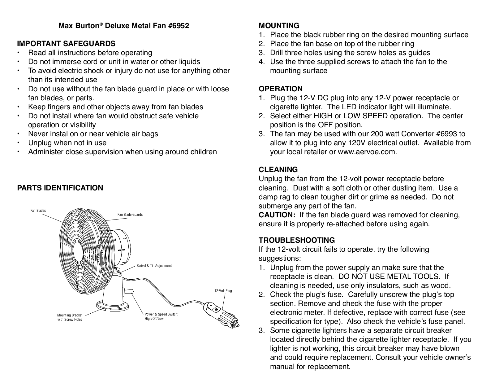 Aervoe Deluxe Metal Fan User Manual