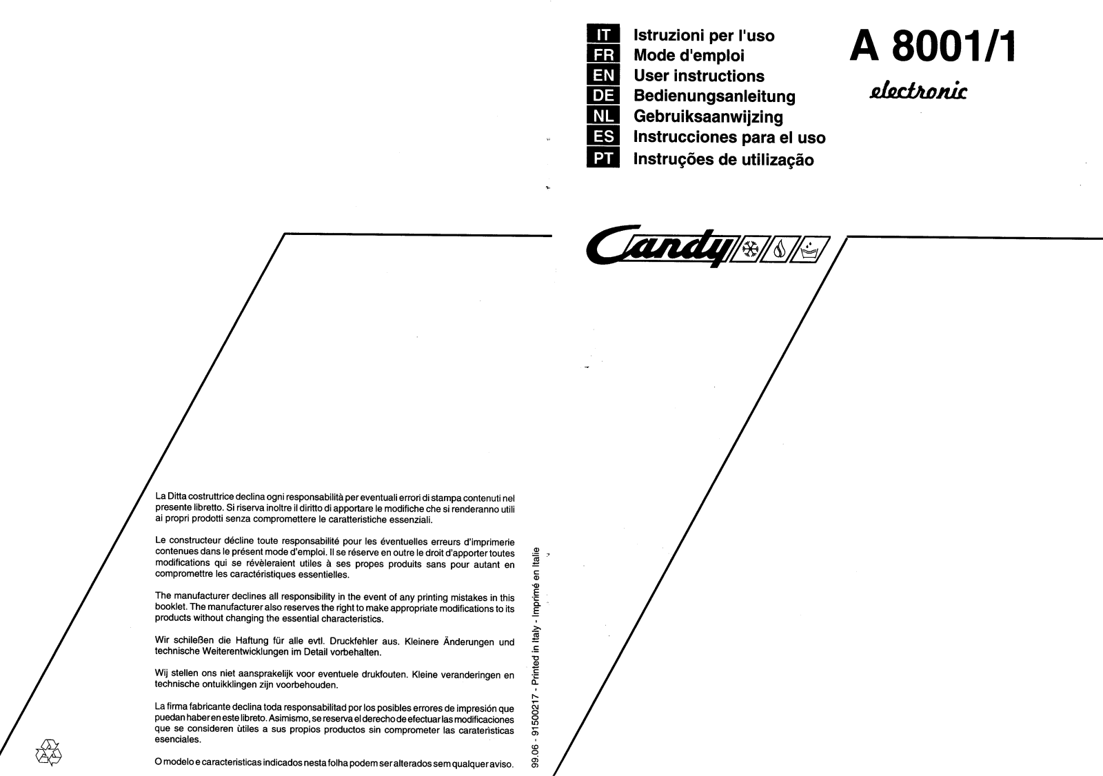 Candy A 8001 Operating Instructions