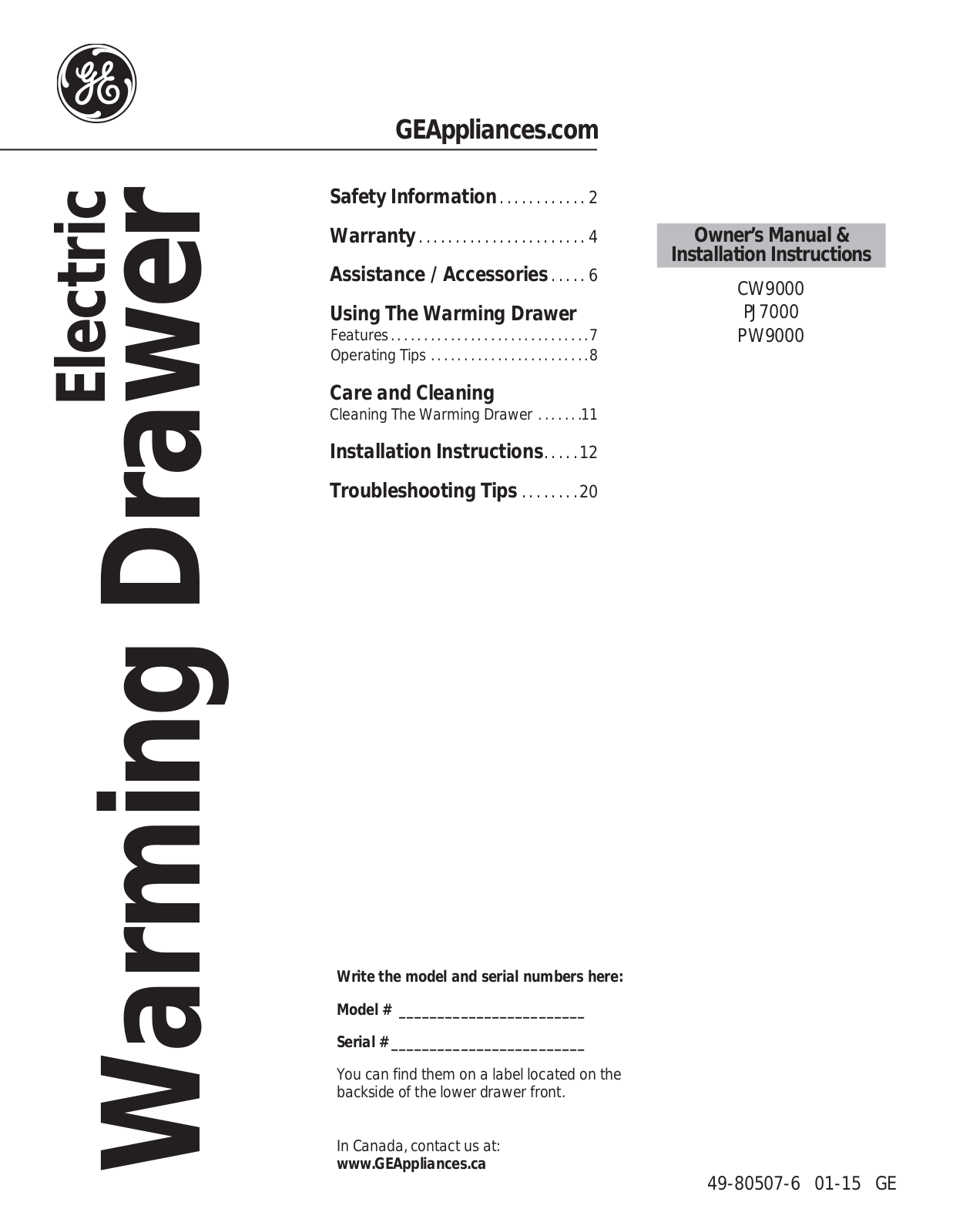 General Electric PJ7000SFSS Owners Manual