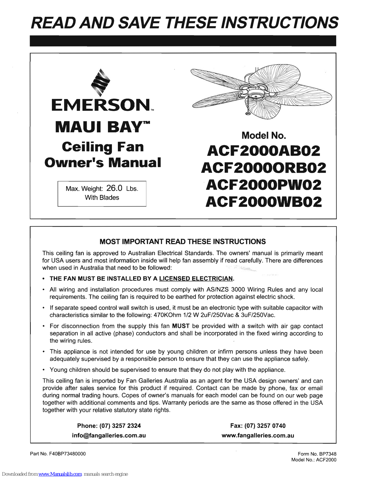 Emerson Maui Bay ACF2000AB02, Maui Bay ACF2000PW02, Maui Bay ACF2000WB02, Maui Bay ACF2000ORB02 Owner's Manual