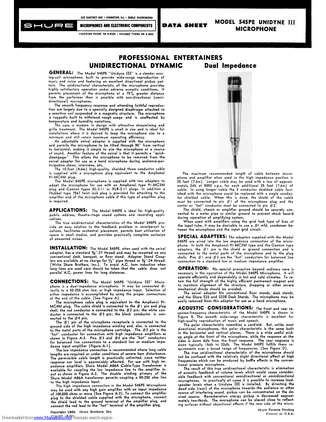 Shure Unidyne III 545PE Datasheet