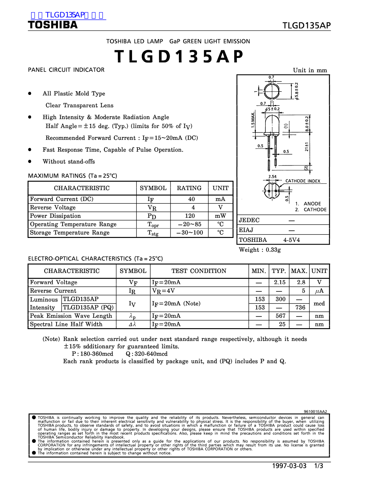 TOSHIBA TLGD135AP Technical data