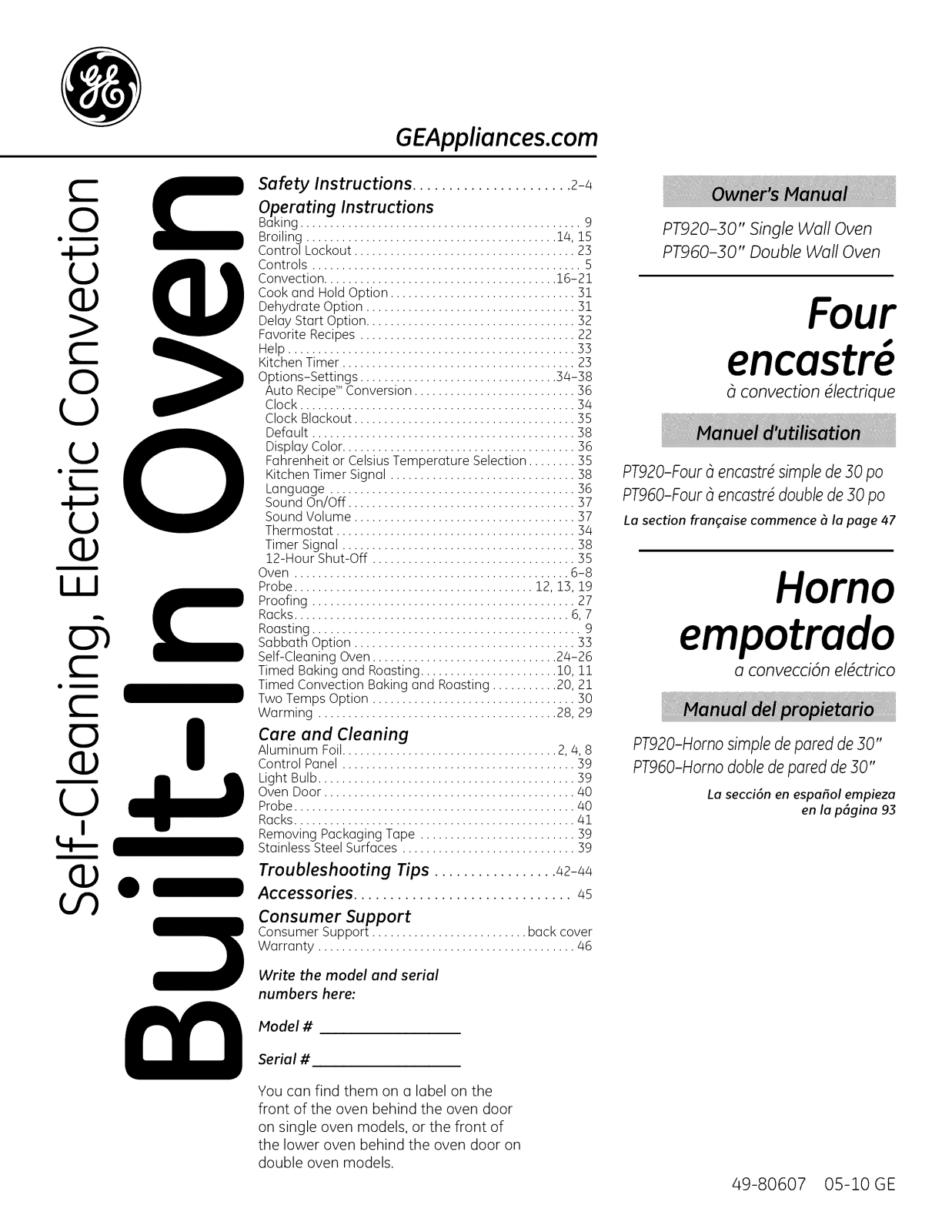 GE PT960SR2SS, PT960SR1SS, PT960DR2BB, PT960DR1BB, PT920SR2SS Owner’s Manual