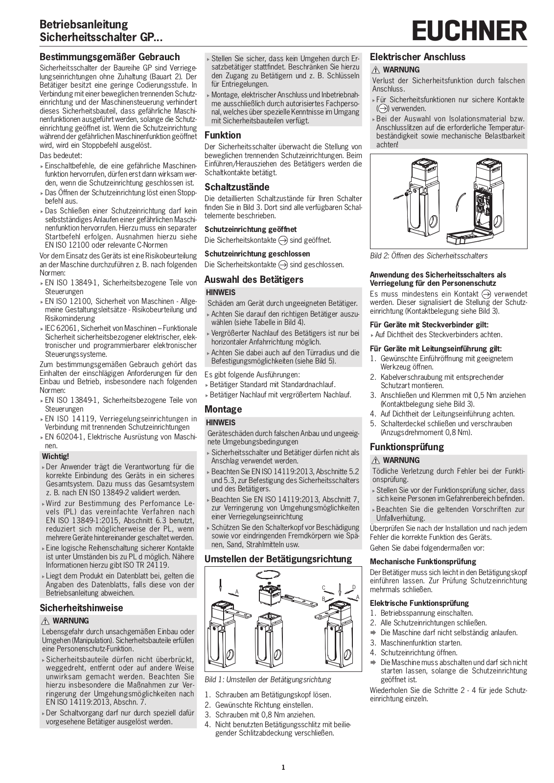 EUCHNER GP Series, GP 528H Series, GP 538H Series, GP 2121H Series, GP 2131H Series Operating Instructions Manual