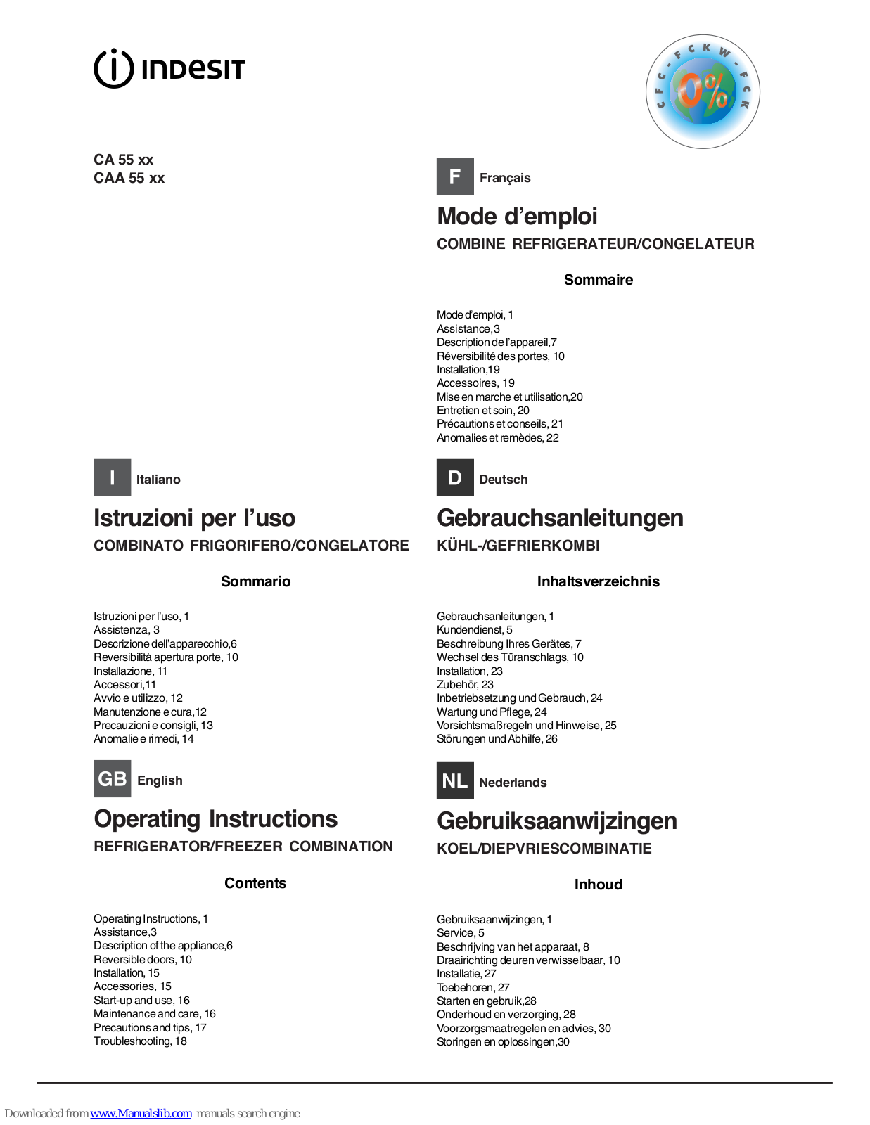 Indesit CA 55 series, CAA 55 series Operating Instructions Manual