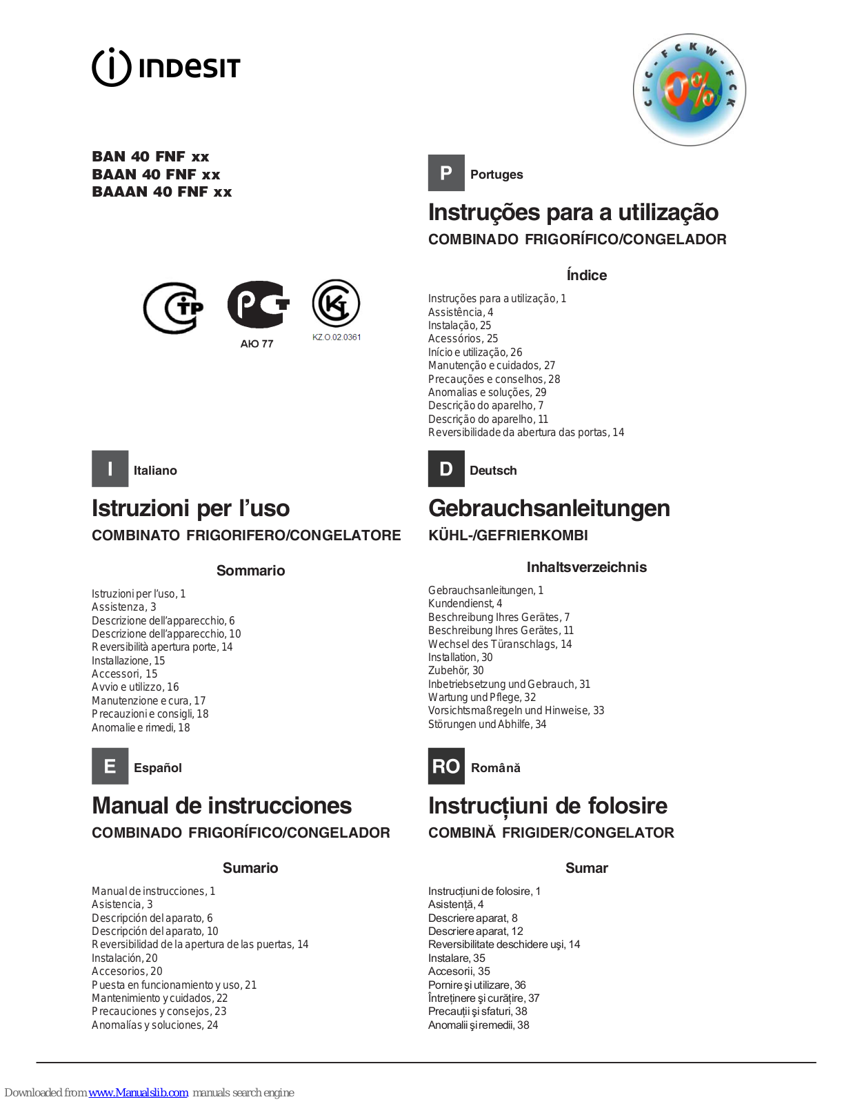 Indesit BAN 40 FNF xx, BAAN 40 FNF xx, BAAAN 40 FNF xx, BAN 40 FNF Series, BAAN 40 FNF Series Operating Instructions Manual