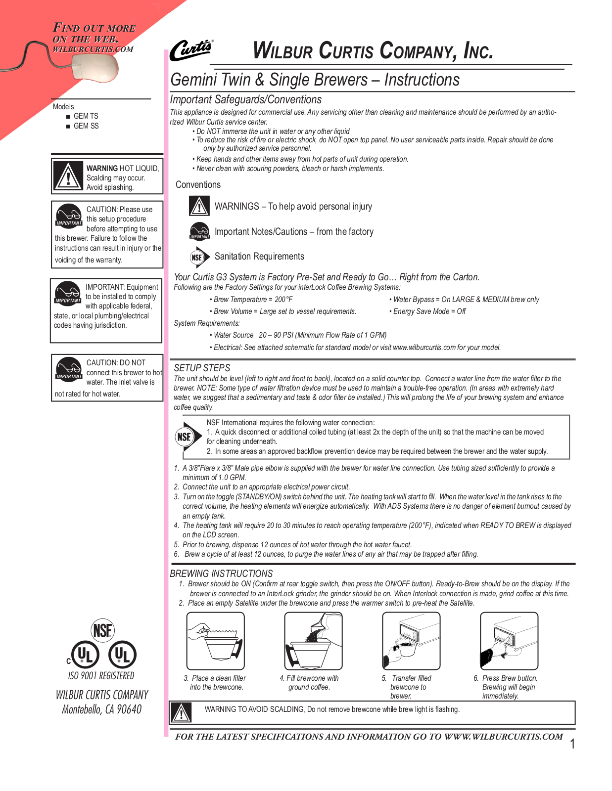 Wilbur Curtis Company GEM TS, GEM SS Service Manual