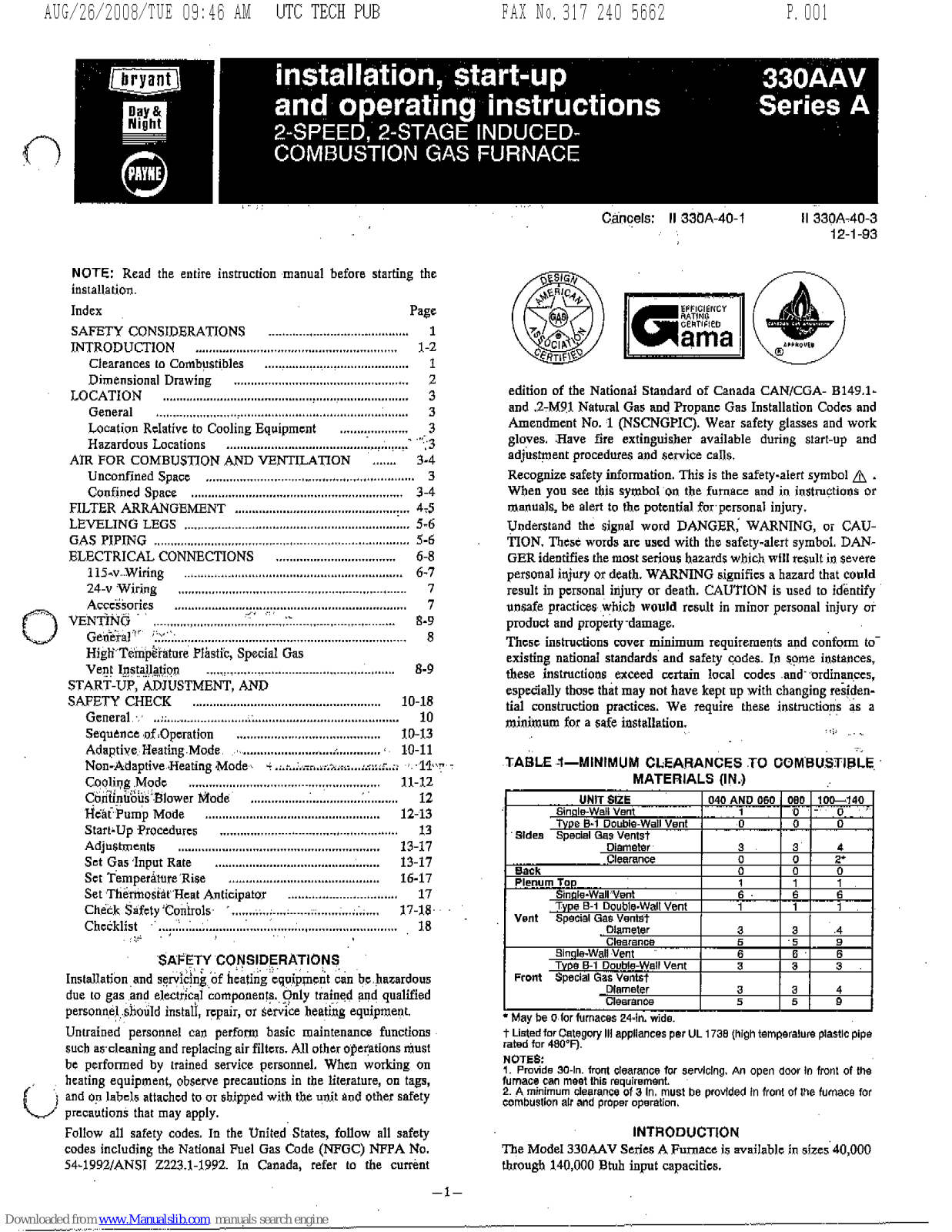 Bryant 30AAV A Series Installation, Start-up, And Operating Instructions Manual