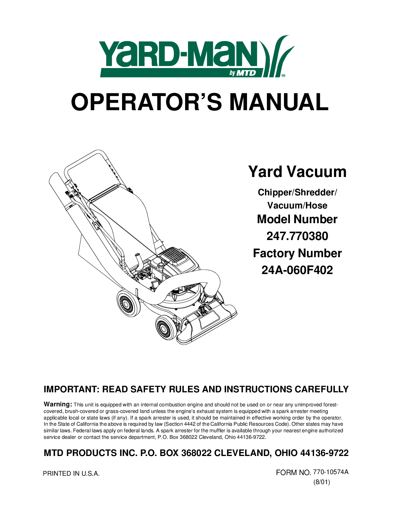Yard-Man 247.77038 User Manual