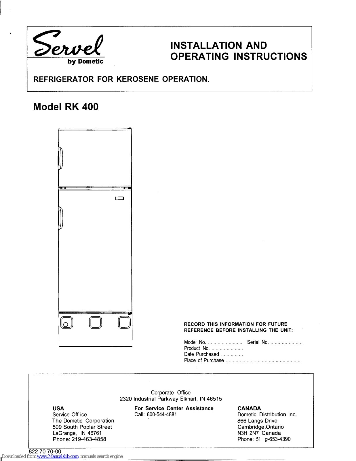 Servel RK 400 Installation And Operating Insctructions