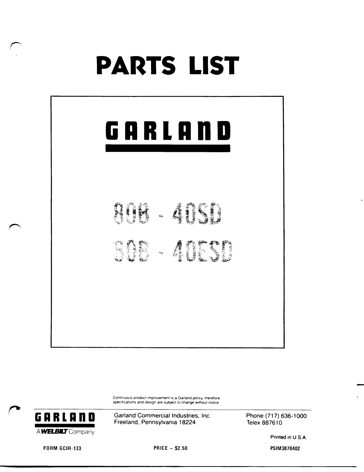 Garland 80B-40SD Parts List