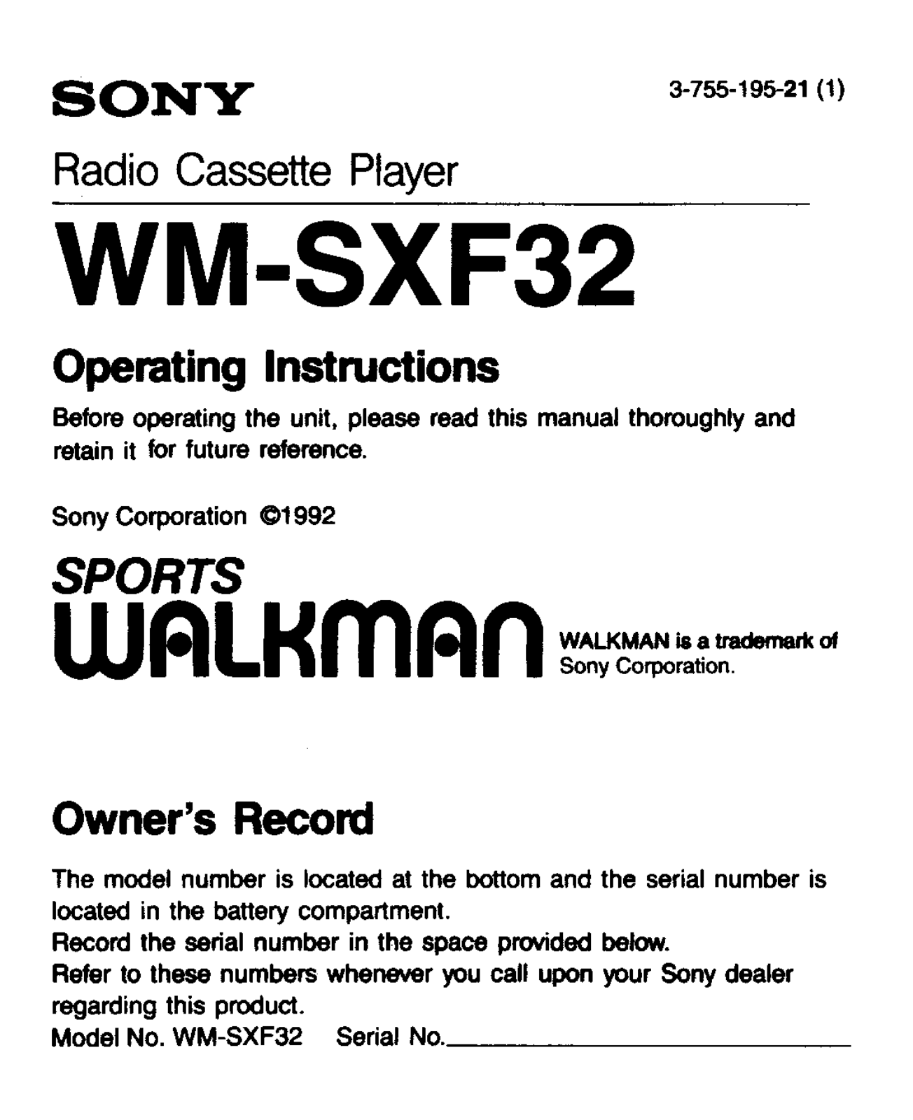 Sony WM-SXF32 User Manual