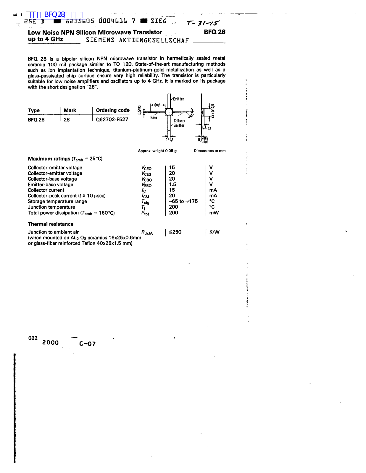 Siemens BFQ 28 Technical data