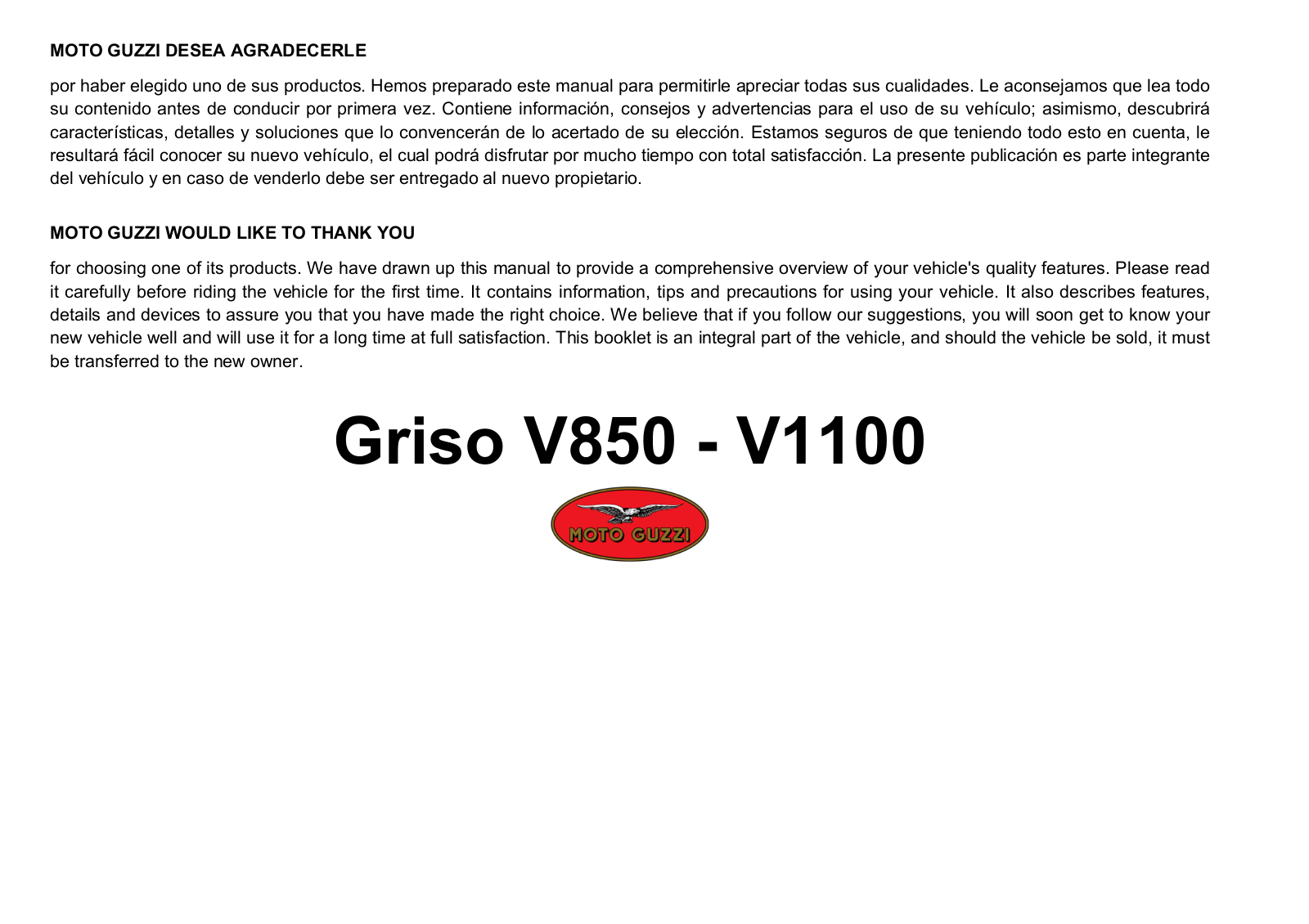 Moto Guzzi Griso V850-V1100 Owner's manual