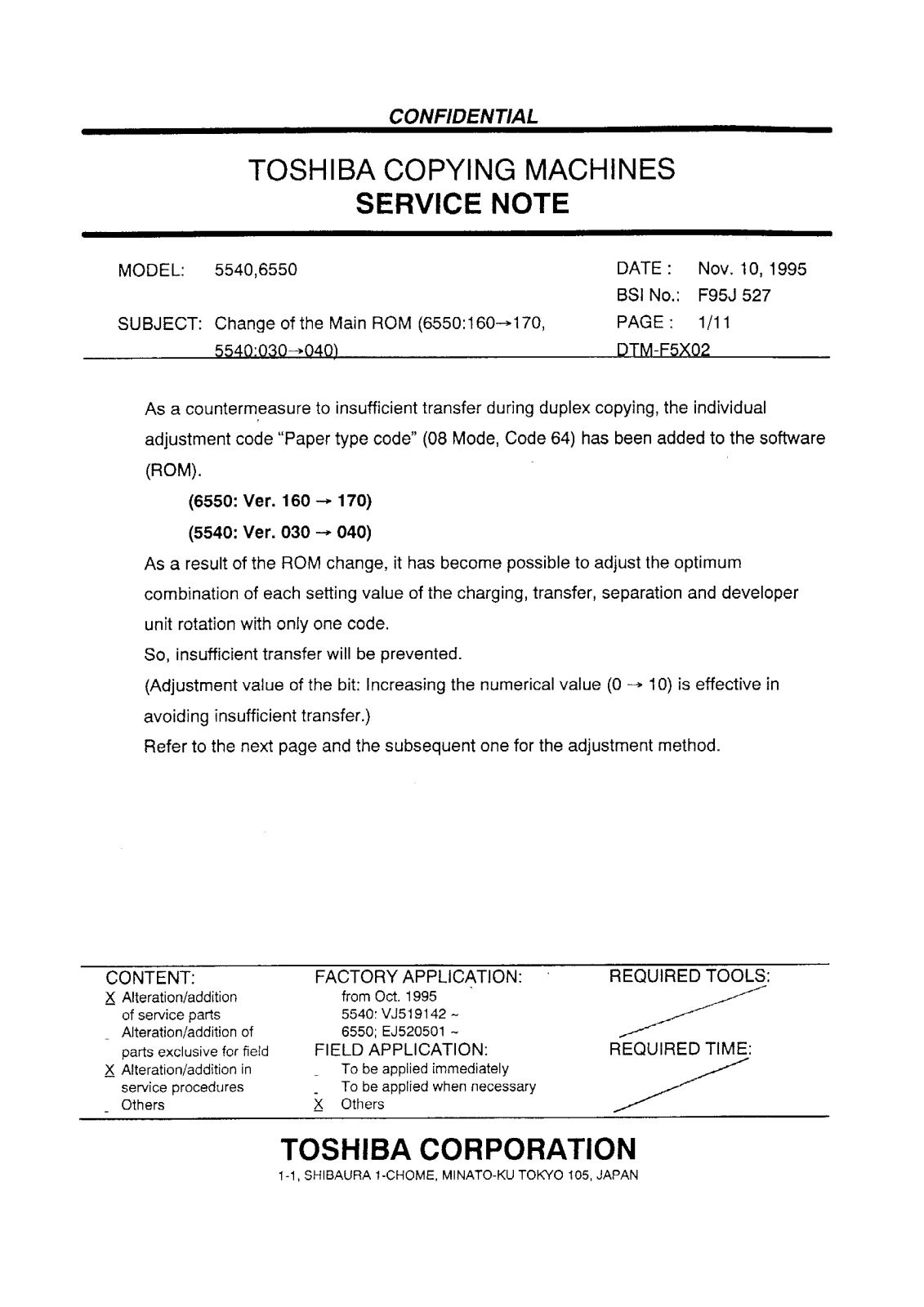 Toshiba f95j527 Service Note