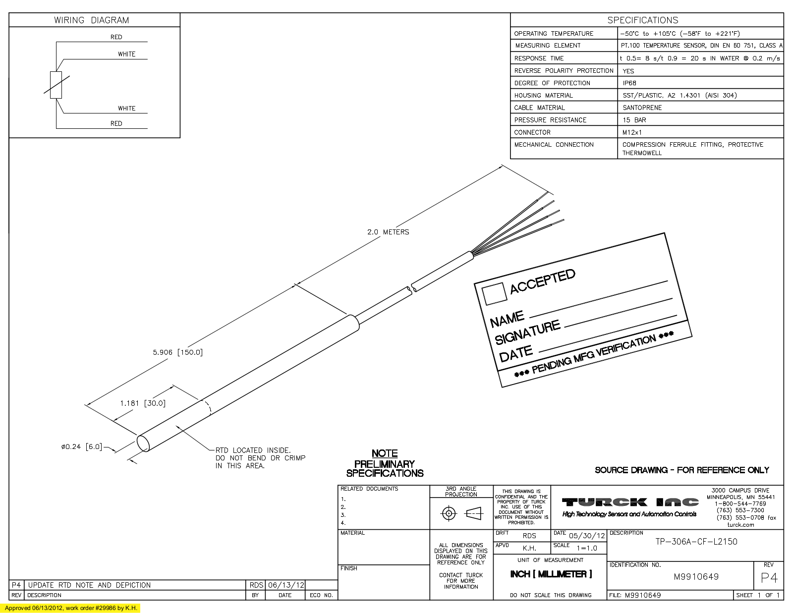 Turck TP-306A-CF-L2150 Data Sheet