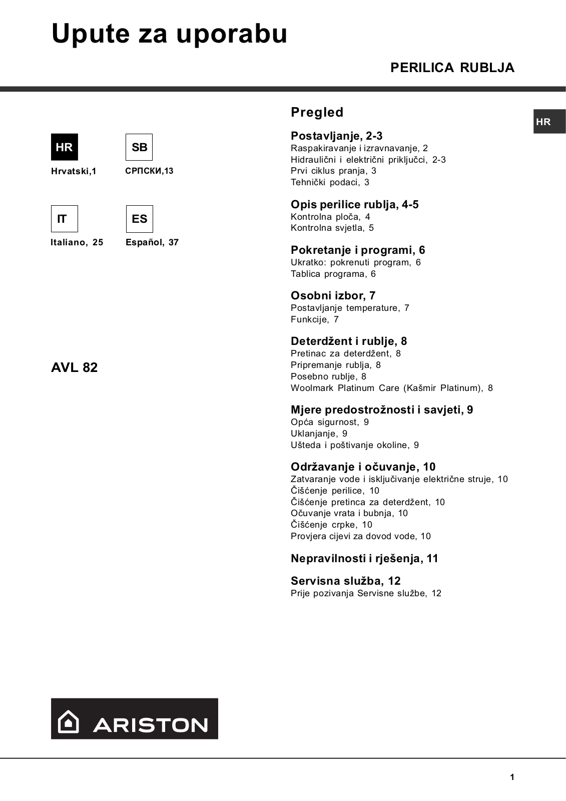 Hotpoint Ariston AVL 82 User Manual