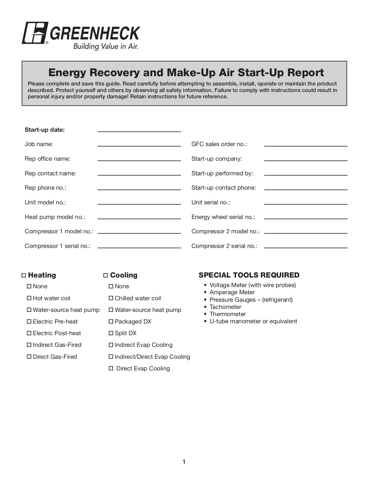 Greenheck Energy Recovery and Make-Up Air Start-Up Report User Manual