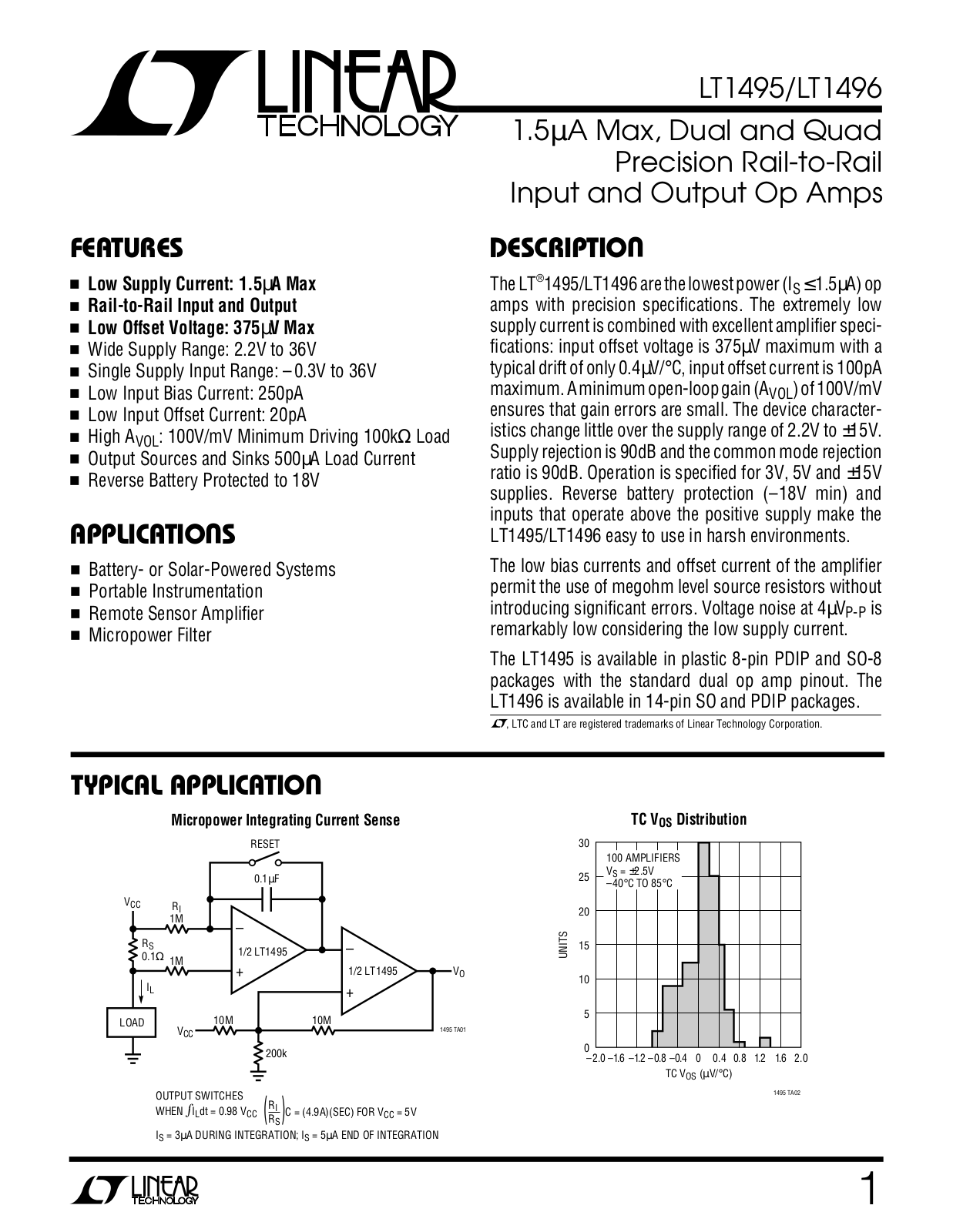 Linear Technology LT1496, LT1495 Datasheet