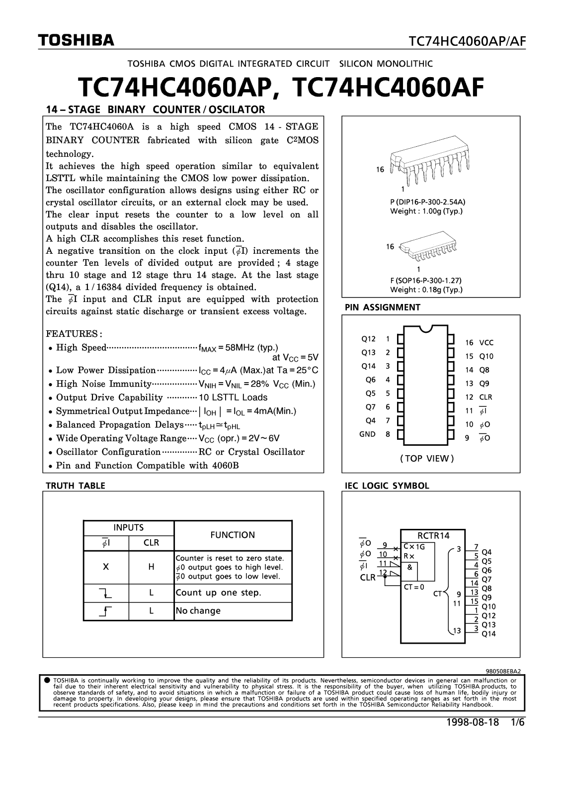 Toshiba TC74HC4060AP, TC74HC4060AF Datasheet