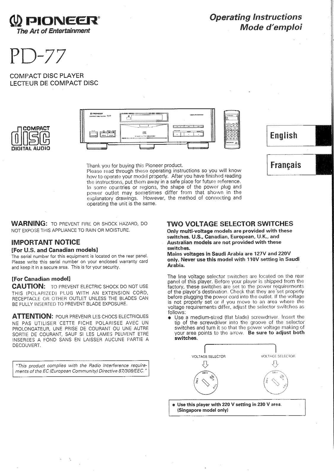 Pioneer PD-77 Owners Manual