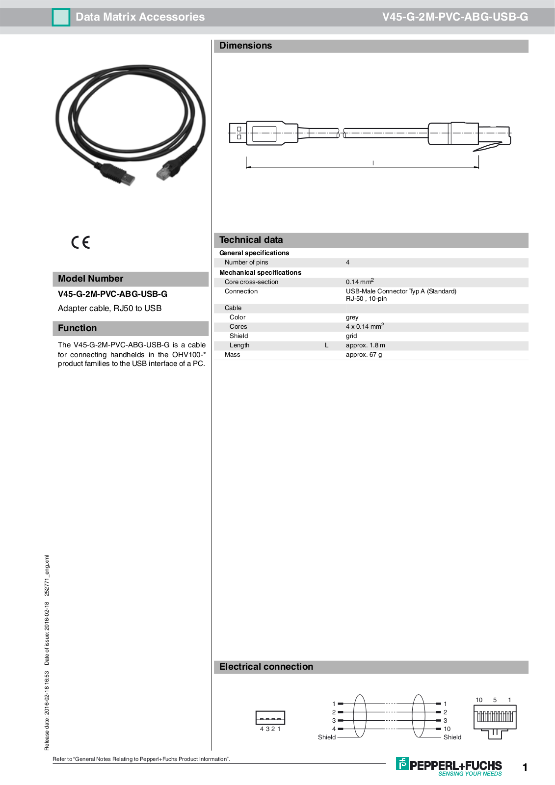 Pepperl Fuchs V45-G-2M-PVC-ABG-USB-G Data Sheet