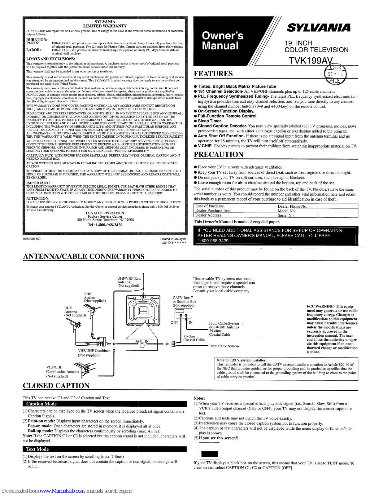 Sylvania TVK199AV Sylvania, TVK199AV Owner's Manual