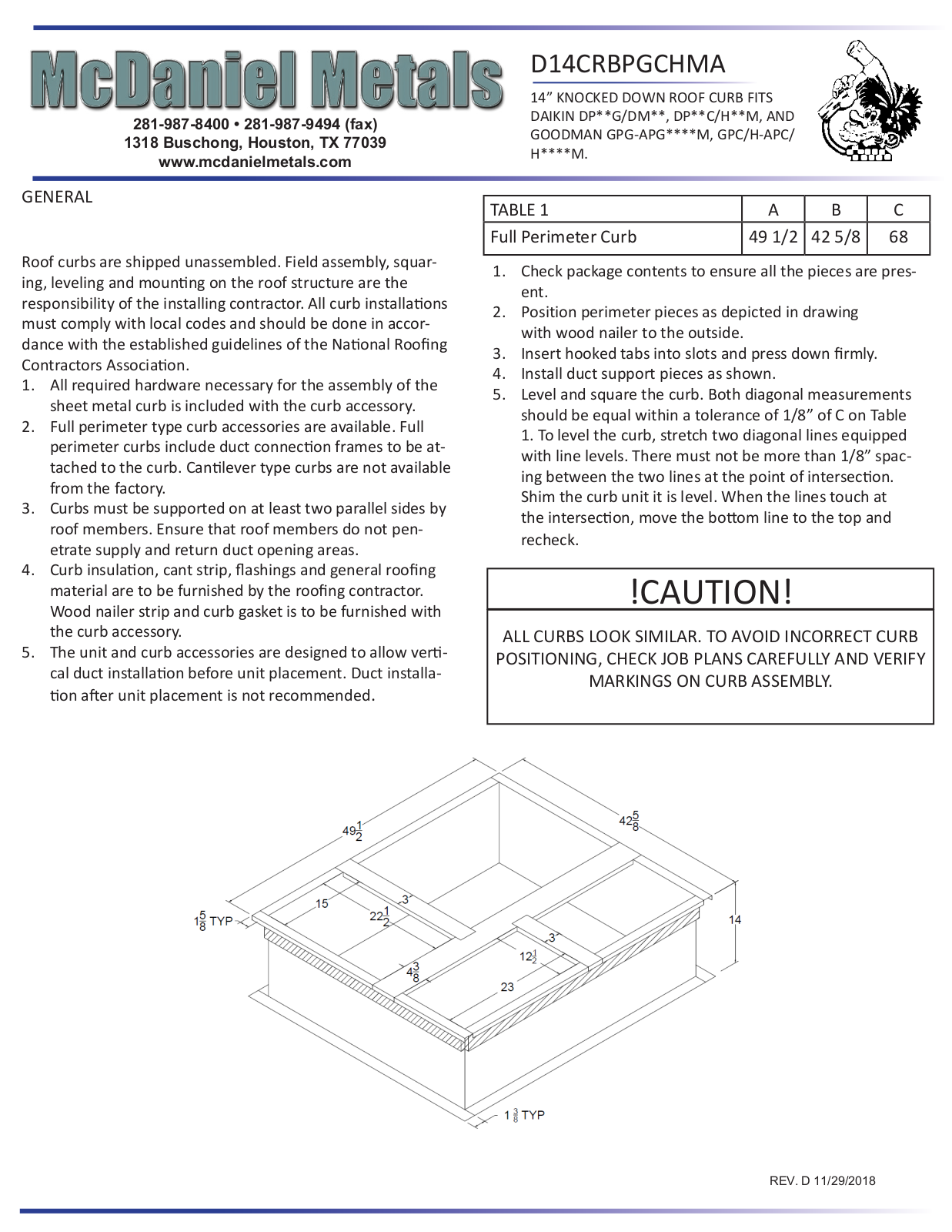 McDaniel Metals D14CRBPGCHMA Installation Manual