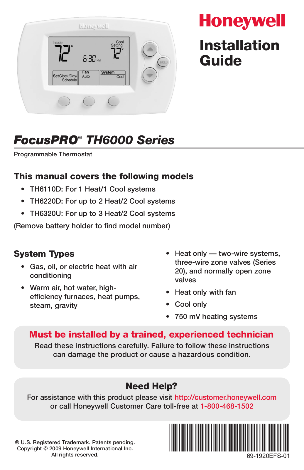 Honeywell TH6220D, TH6320U User Manual