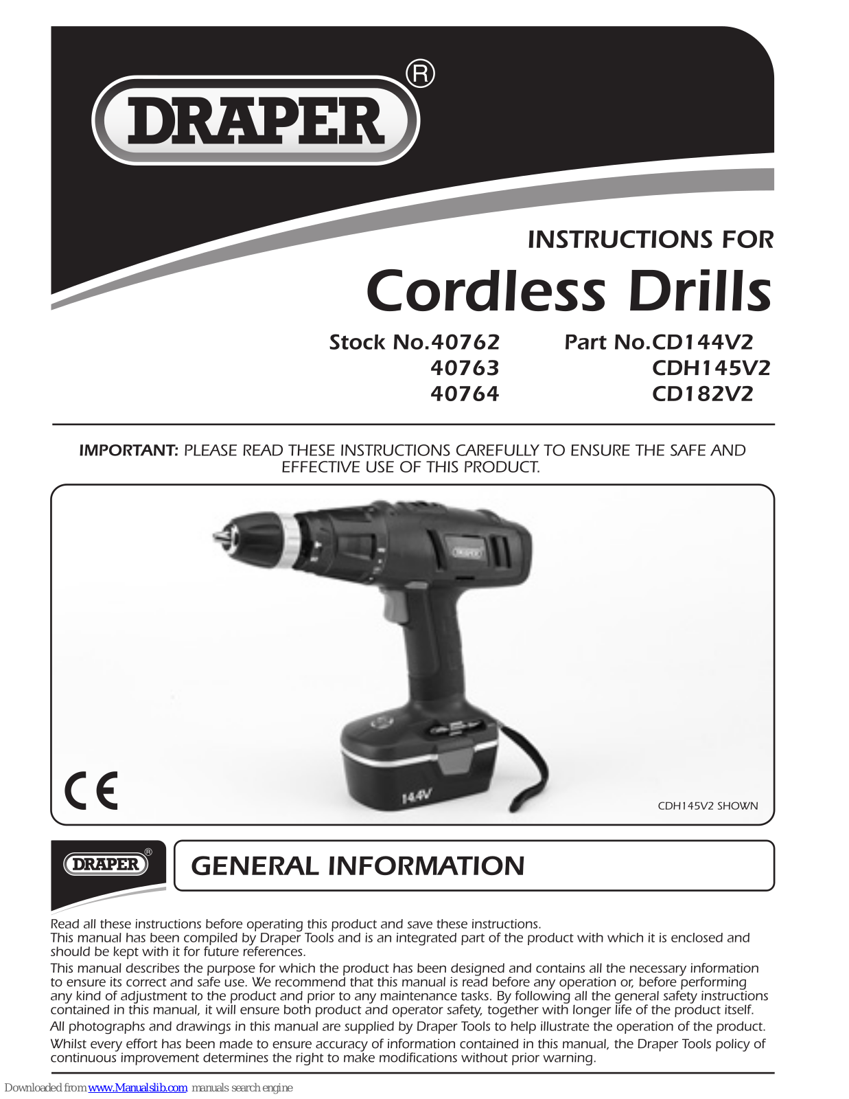Draper CDH145V2, CD182V2, CD144V2 Instructions Manual - ManualMachine.com
