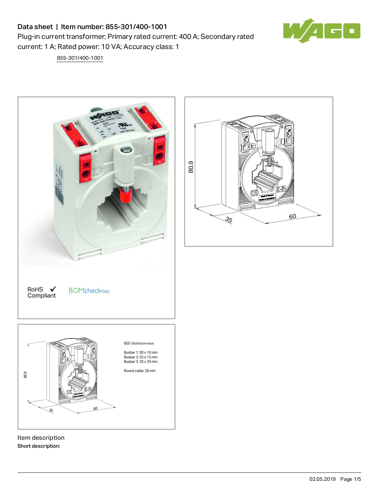 Wago 855-301/400-1001 Data Sheet